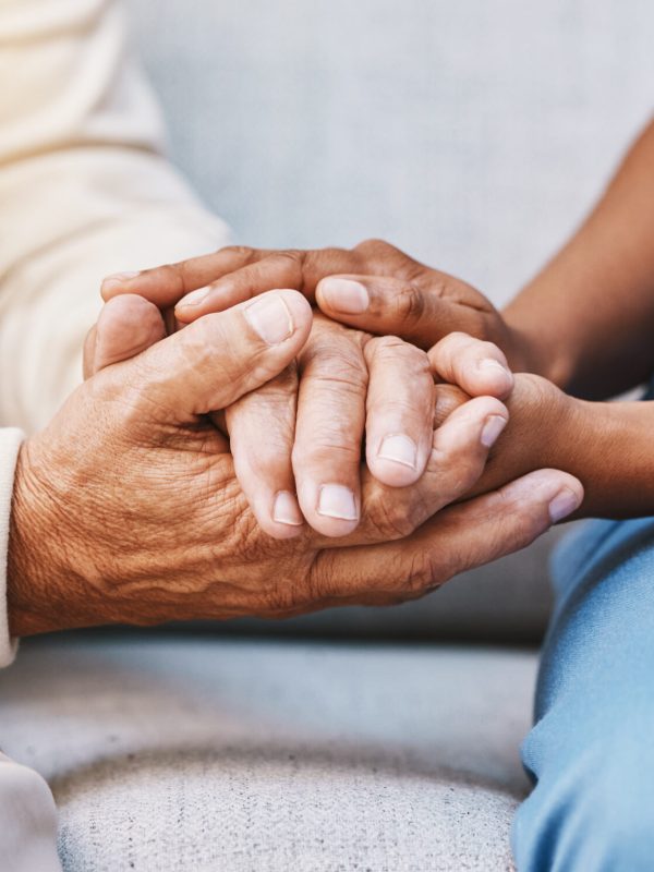 Nurse, hands and senior patient in empathy, safety and support of help, trust and healthcare consulting. Nursing home, counseling and gratitude for medical caregiver, client and hope in consultation